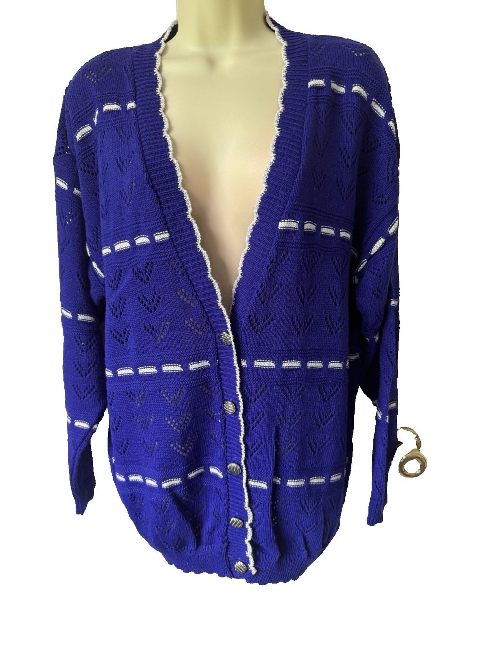 Vintage Blair Boutique Indigo V-Neck Cardigan Sweater Metallic Striped Pointelle